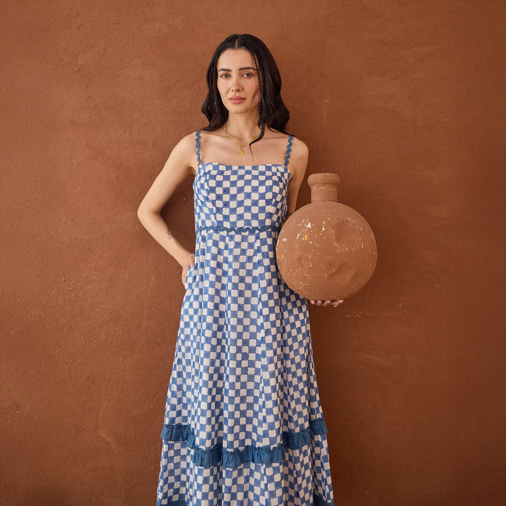 Gingham Sky at Kamakhyaa by Taro. This item is Artisan made, Blue, Cotton Mulmul, Handblock Printed, Sleeveless Dresses, Under $50, Whispers of Summer by Taro