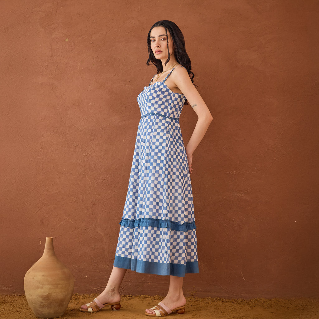 Gingham Sky at Kamakhyaa by Taro. This item is Artisan made, Blue, Cotton Mulmul, Handblock Printed, Sleeveless Dresses, Under $50, Whispers of Summer by Taro
