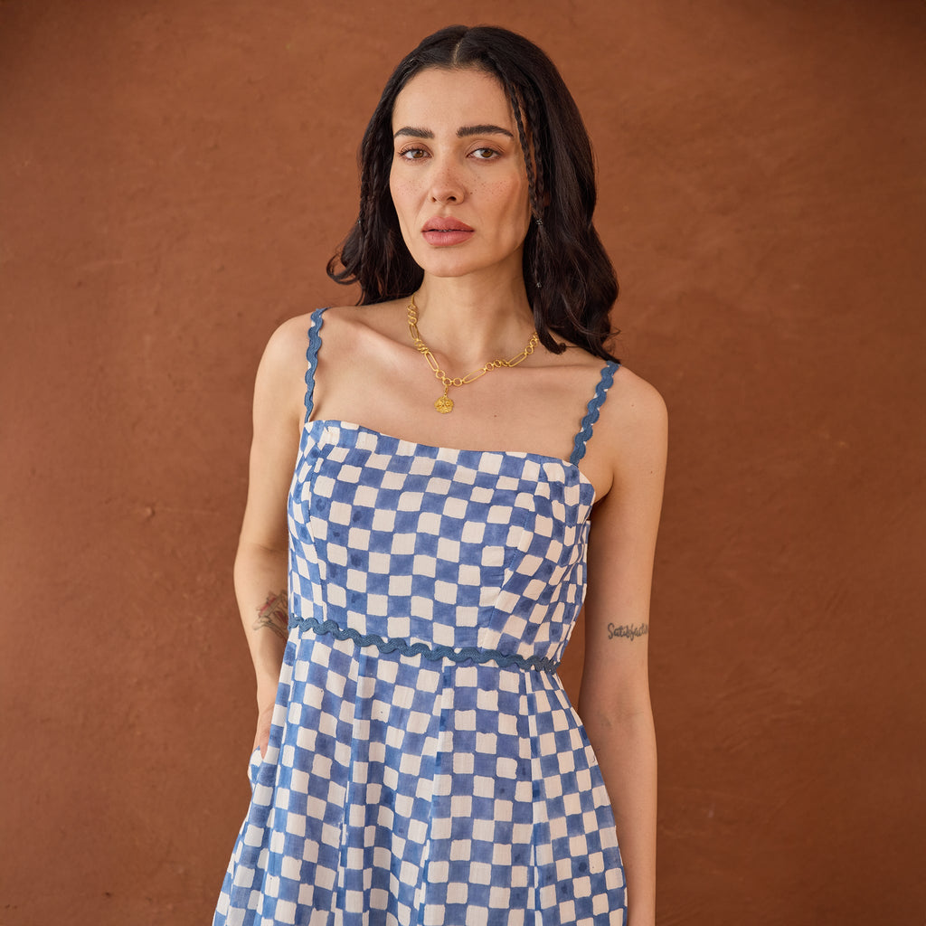 Gingham Sky at Kamakhyaa by Taro. This item is Artisan made, Blue, Cotton Mulmul, Handblock Printed, Sleeveless Dresses, Under $50, Whispers of Summer by Taro