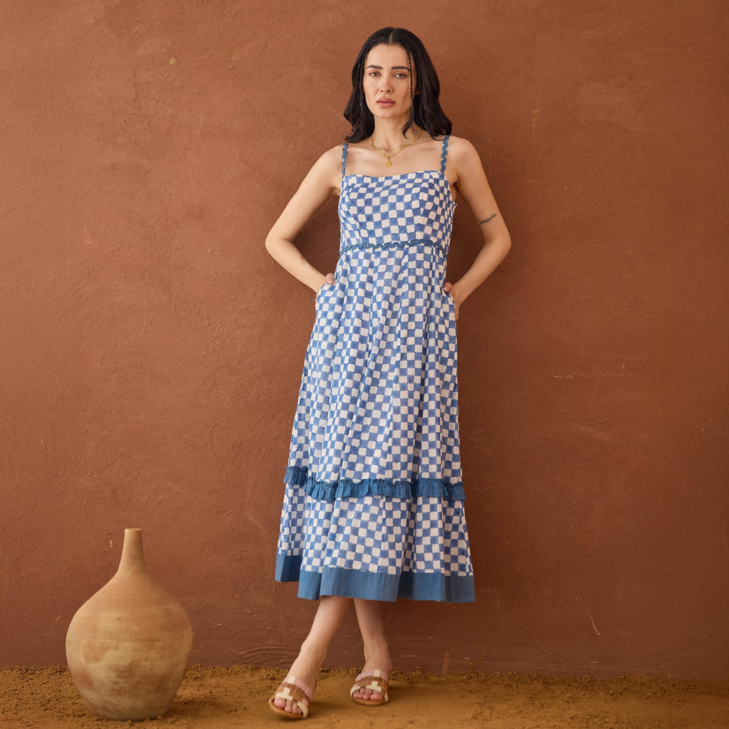Gingham Sky at Kamakhyaa by Taro. This item is Artisan made, Blue, Cotton Mulmul, Handblock Printed, Sleeveless Dresses, Under $50, Whispers of Summer by Taro
