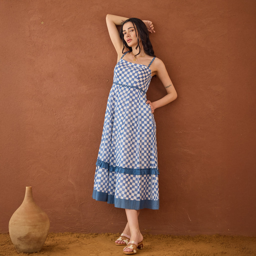 Gingham Sky at Kamakhyaa by Taro. This item is Artisan made, Blue, Cotton Mulmul, Handblock Printed, Sleeveless Dresses, Under $50, Whispers of Summer by Taro