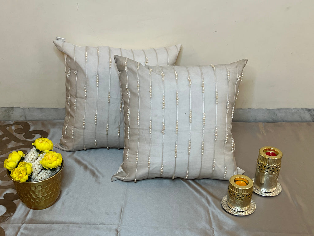 Gleam Cushion Cover Sets at Kamakhyaa by Aetherea. This item is 100% Cotton, Cushion covers, Hand Embroidered, Home, ivory, Pearl, Sheer, Upcycled