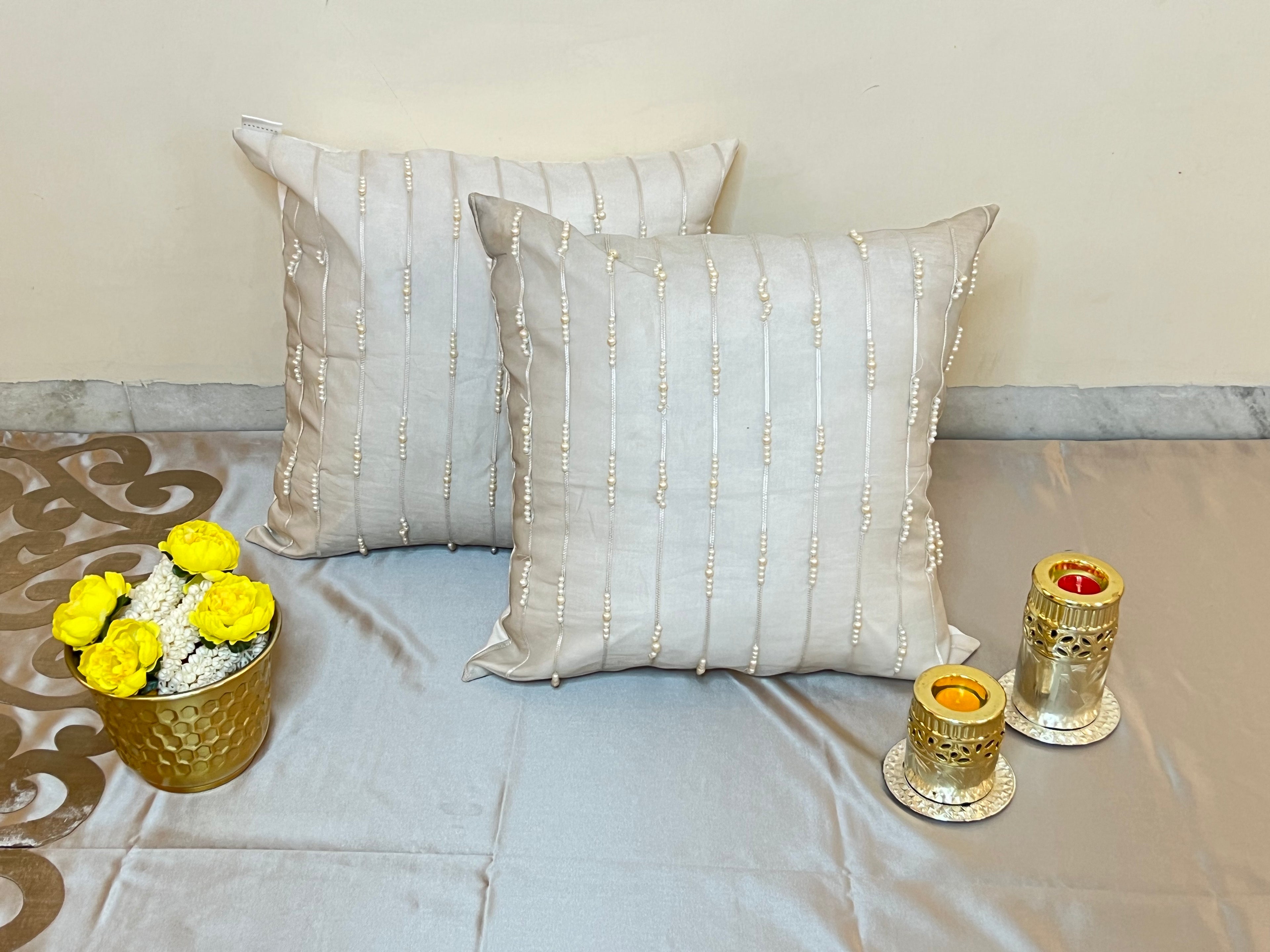 Gleam Cushion Cover Sets at Kamakhyaa by Aetherea. This item is 100% Cotton, Cushion covers, Hand Embroidered, Home, ivory, Pearl, Sheer, Upcycled