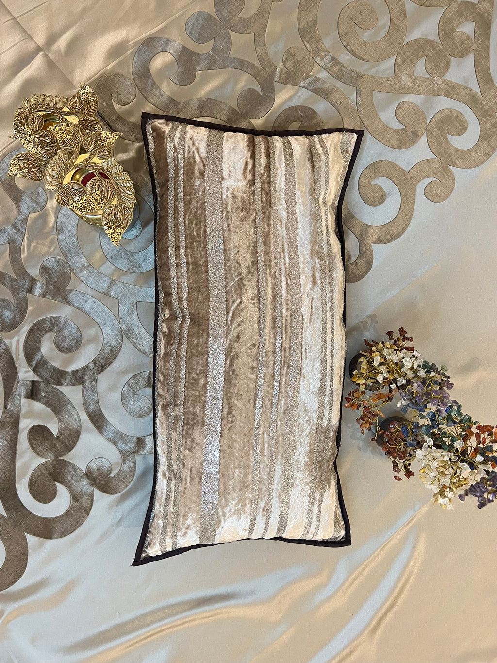 Glimmering Stripes Cushion Cover Sets at Kamakhyaa by Aetherea. This item is Cushion covers, Deck Cushion, Embroidered, Home, Piping, Stripes, Upcycled