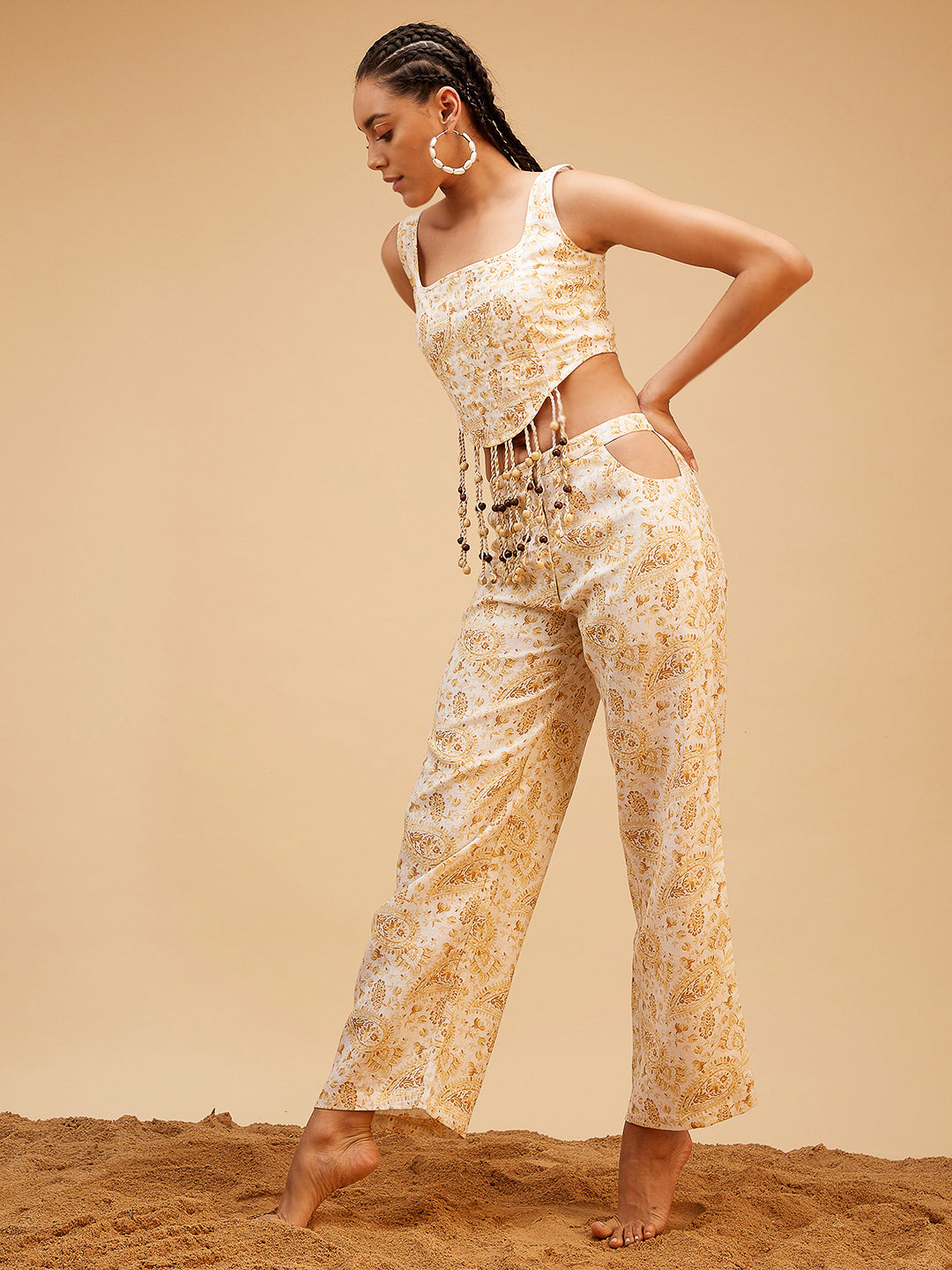 Gold Linen Printed Co-ord Set at Kamakhyaa by Bohobi. This item is 100% Linen, Fusion Wear, Gold, Prints, Regular Fit, Toxin free, Vacation Co-ord Sets