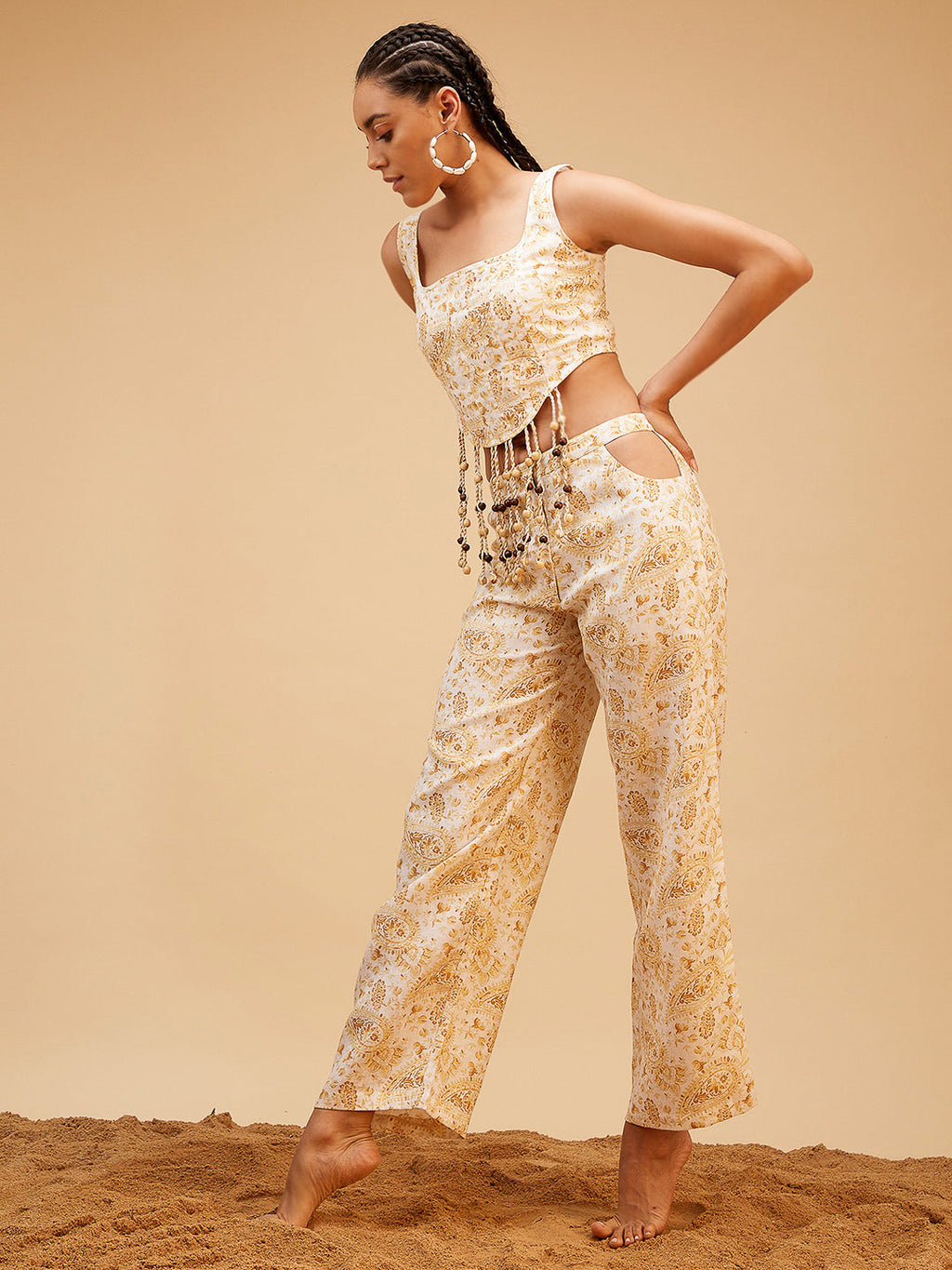 Gold Linen Printed Co-ord Set at Kamakhyaa by Bohobi. This item is 100% Linen, Fusion Wear, Gold, Prints, Regular Fit, Toxin free, Vacation Co-ord Sets