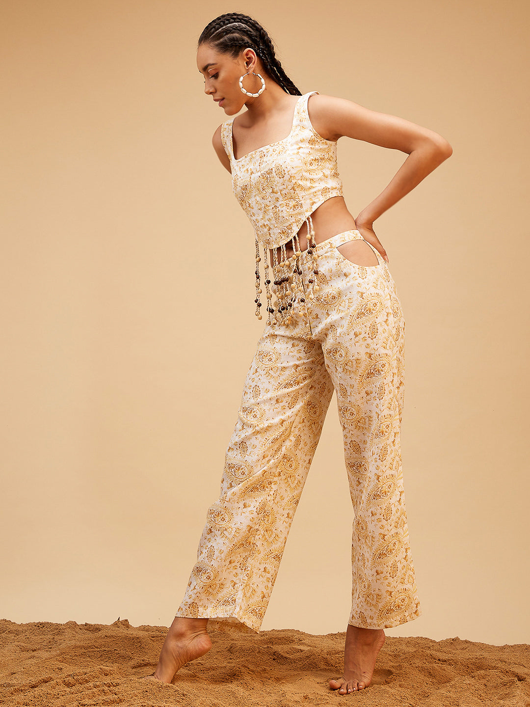 Gold Linen Printed Co-ord Set at Kamakhyaa by Bohobi. This item is 100% Linen, Fusion Wear, Gold, Prints, Regular Fit, Toxin free, Vacation Co-ord Sets