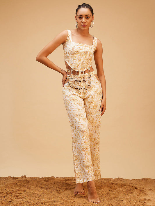 Gold Linen Printed Co-ord Set at Kamakhyaa by Bohobi. This item is 100% Linen, Fusion Wear, Gold, Prints, Regular Fit, Toxin free, Vacation Co-ord Sets