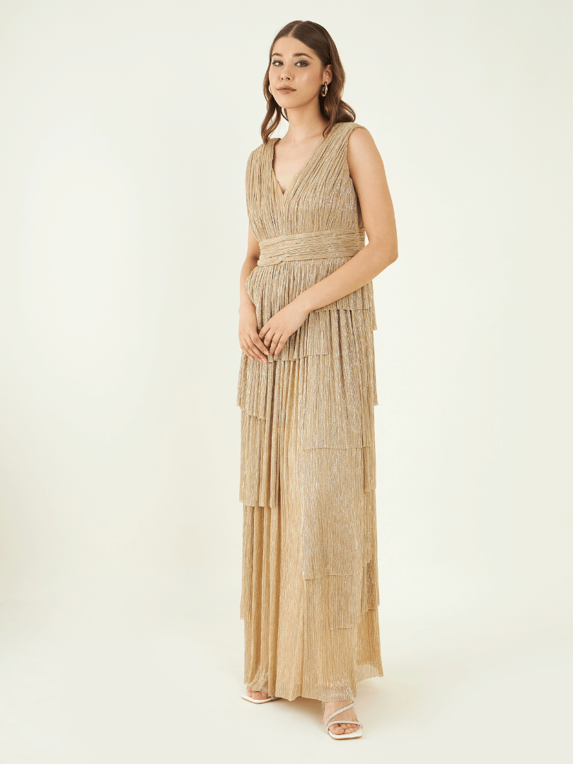 Gold Party Wear Sleeveless Dress at Kamakhyaa by Bohobi. This item is Gold, Party Wear, Pleated Crepe, Regular Fit, Sleeveless Dresses, Solids, Toxin free