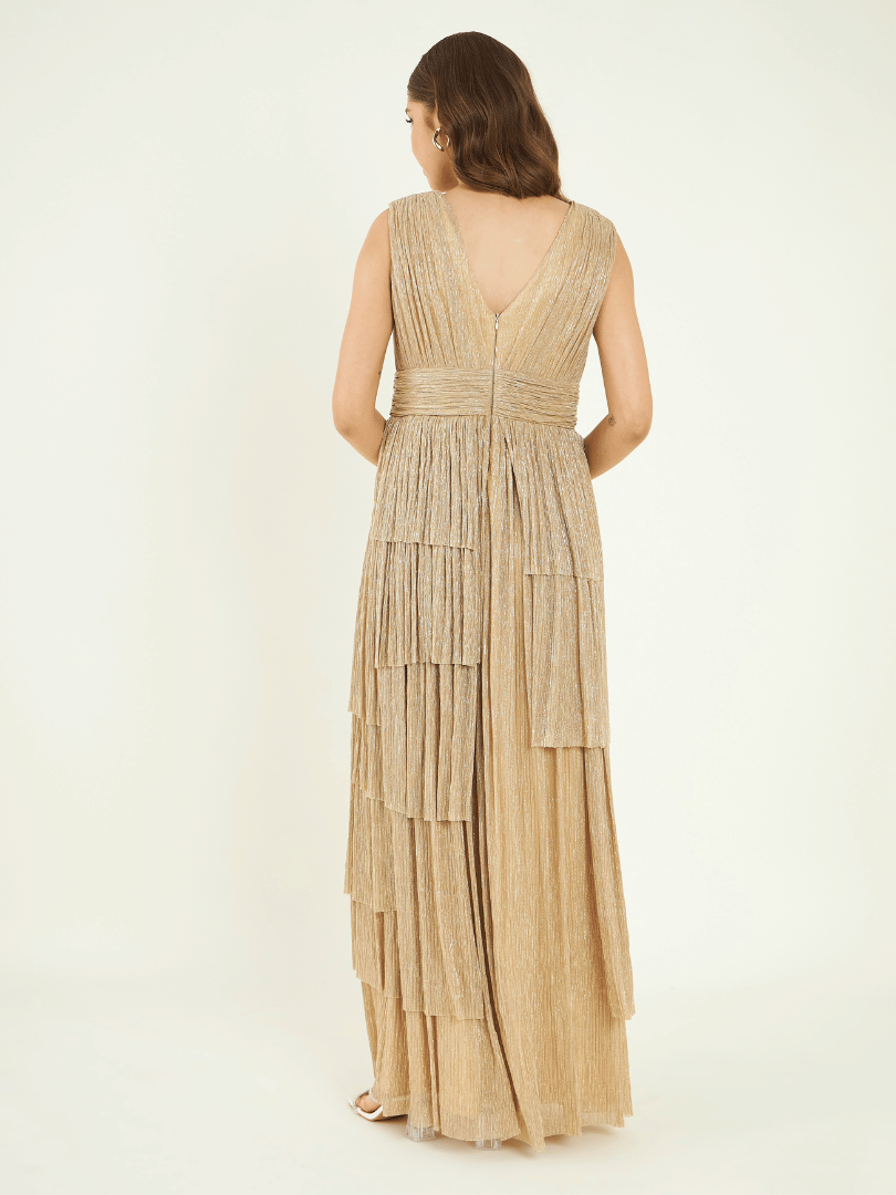Gold Party Wear Sleeveless Dress at Kamakhyaa by Bohobi. This item is Gold, Party Wear, Pleated Crepe, Regular Fit, Sleeveless Dresses, Solids, Toxin free