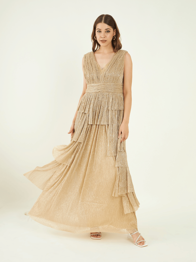 Gold Party Wear Sleeveless Dress at Kamakhyaa by Bohobi. This item is Gold, Party Wear, Pleated Crepe, Regular Fit, Sleeveless Dresses, Solids, Toxin free