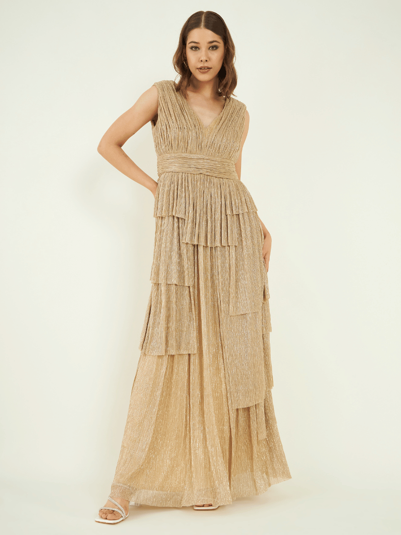 Gold Party Wear Sleeveless Dress at Kamakhyaa by Bohobi. This item is Gold, Party Wear, Pleated Crepe, Regular Fit, Sleeveless Dresses, Solids, Toxin free