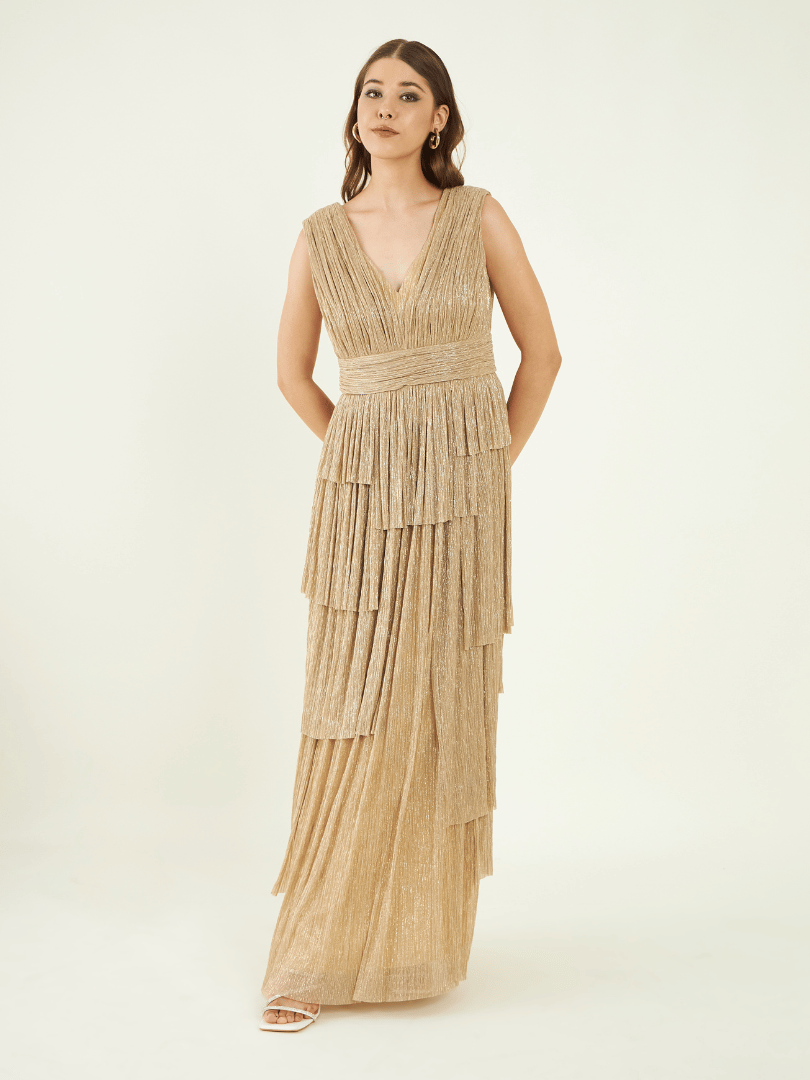 Gold Party Wear Sleeveless Dress at Kamakhyaa by Bohobi. This item is Gold, Party Wear, Pleated Crepe, Regular Fit, Sleeveless Dresses, Solids, Toxin free