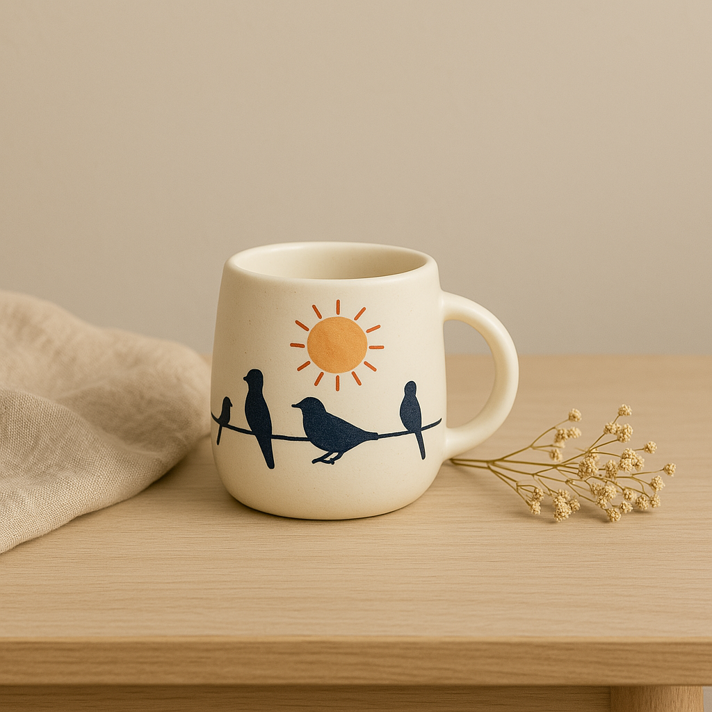 Golden Dawn Mug – Handcrafted Ceramic Mug with Sun & Birds on a Wire Illustration at Kamakhyaa by Aetherea World. This item is 