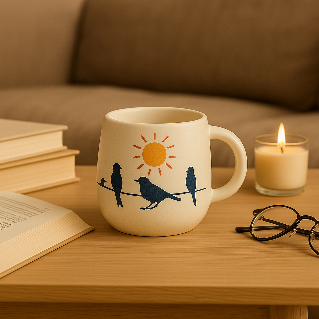 Golden Dawn Mug – Handcrafted Ceramic Mug with Sun & Birds on a Wire Illustration at Kamakhyaa by Aetherea World. This item is 
