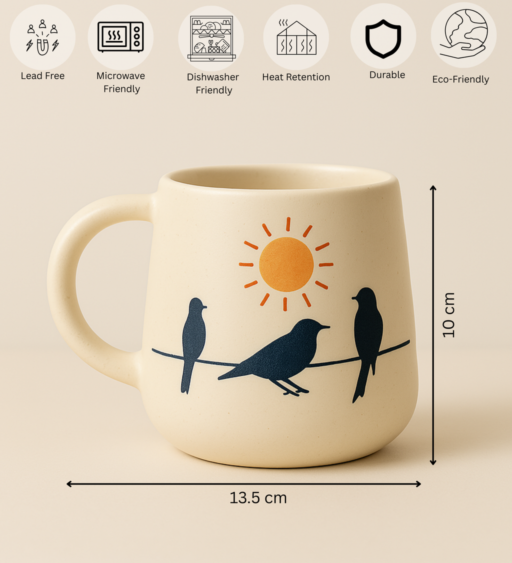 Golden Dawn Mug – Handcrafted Ceramic Mug with Sun & Birds on a Wire Illustration at Kamakhyaa by Aetherea World. This item is 