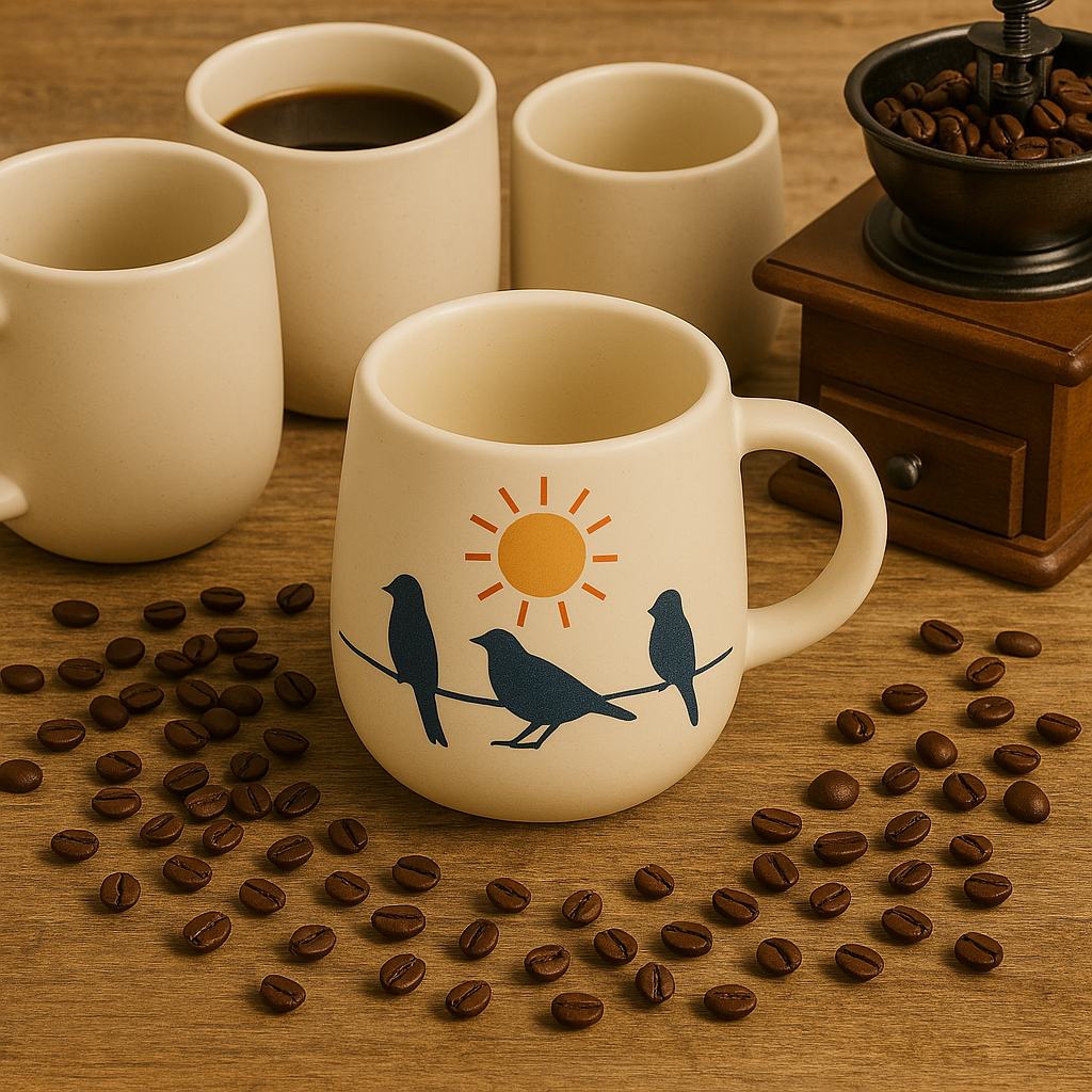 Golden Dawn Mug – Handcrafted Ceramic Mug with Sun & Birds on a Wire Illustration at Kamakhyaa by Aetherea World. This item is 
