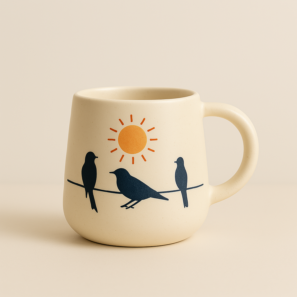 Golden Dawn Mug – Handcrafted Ceramic Mug with Sun & Birds on a Wire Illustration at Kamakhyaa by Aetherea World. This item is 
