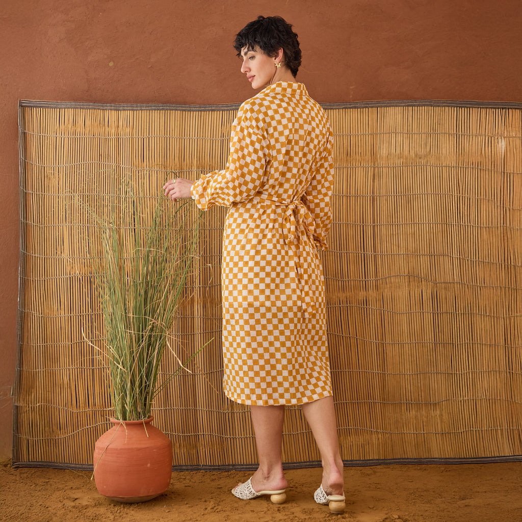 Golden Hour Gingham at Kamakhyaa by Taro. This item is Artisan made, Cotton Mulmul, Handblock Printed, Mustard, Orange, Shirt Dresses, Under $200, Whispers of Summer by Taro, Yellow