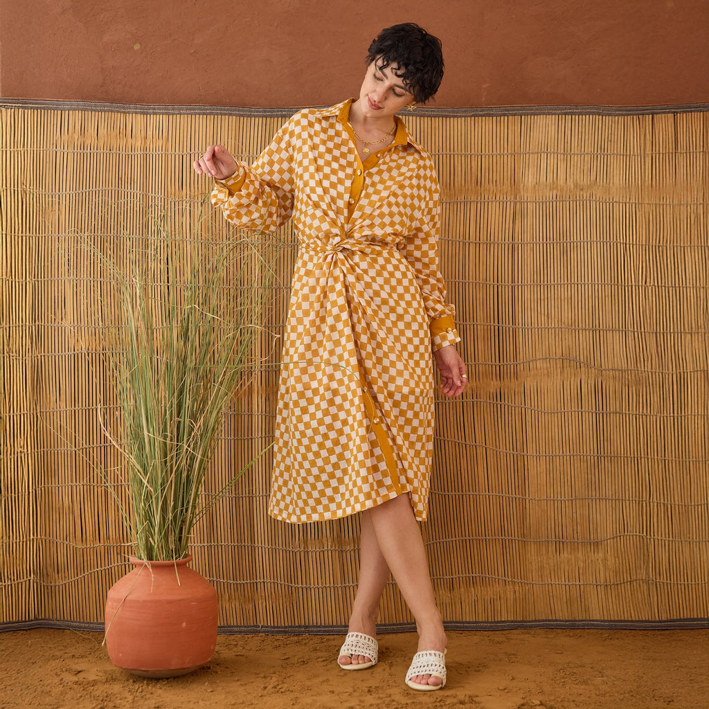 Golden Hour Gingham at Kamakhyaa by Taro. This item is Artisan made, Cotton Mulmul, Handblock Printed, Mustard, Orange, Shirt Dresses, Under $200, Whispers of Summer by Taro, Yellow