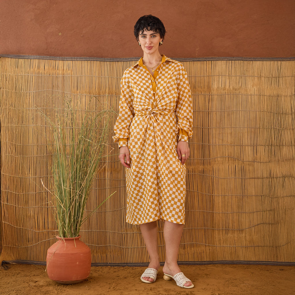 Golden Hour Gingham at Kamakhyaa by Taro. This item is Artisan made, Cotton Mulmul, Handblock Printed, Mustard, Orange, Shirt Dresses, Under $200, Whispers of Summer by Taro, Yellow