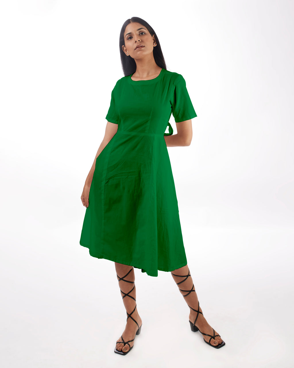 Green Backless Midi Dress at Kamakhyaa by Kamakhyaa. This item is 100% pure cotton, Casual Wear, Evening Wear, Green, KKYSS, Midi Dresses, Natural, Relaxed Fit, Solids, Summer Sutra, Womenswear