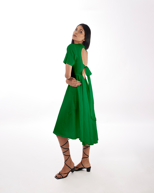 Green Backless Midi Dress at Kamakhyaa by Kamakhyaa. This item is 100% pure cotton, Casual Wear, Evening Wear, Green, KKYSS, Midi Dresses, Natural, Relaxed Fit, Solids, Summer Sutra, Womenswear