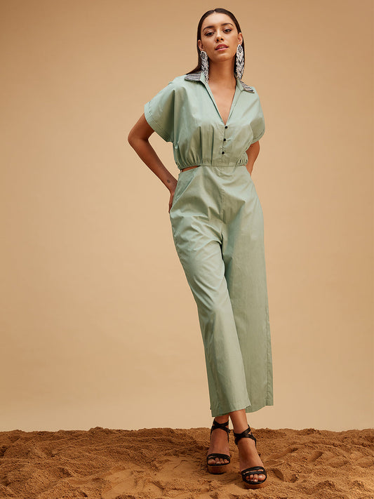 Green Boho Chic Jumpsuit at Kamakhyaa by Bohobi. This item is Casual Wear, Cotton, Green, Jumpsuits, Regular Fit, Solids, Toxin free