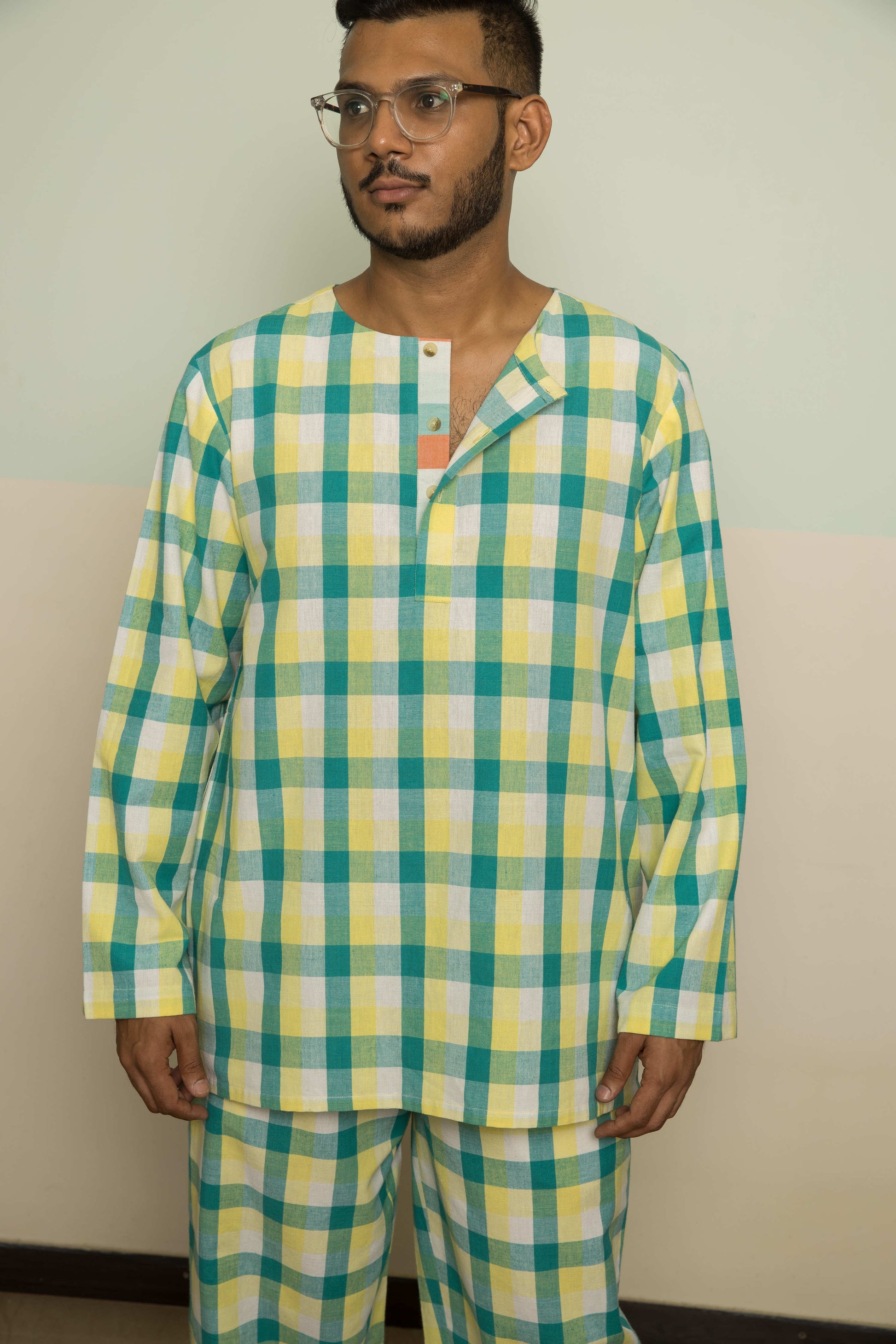 Green Casual Co-ord at Kamakhyaa by Anushé Pirani. This item is 100% Cotton, Casual Wear, Checks, Green, Handwoven, Handwoven Cotton, Lounge Wear Co-ords, Regular Fit, The Co-ord Edit, The Co-ord Edit by Anushe Pirani, Womenswear