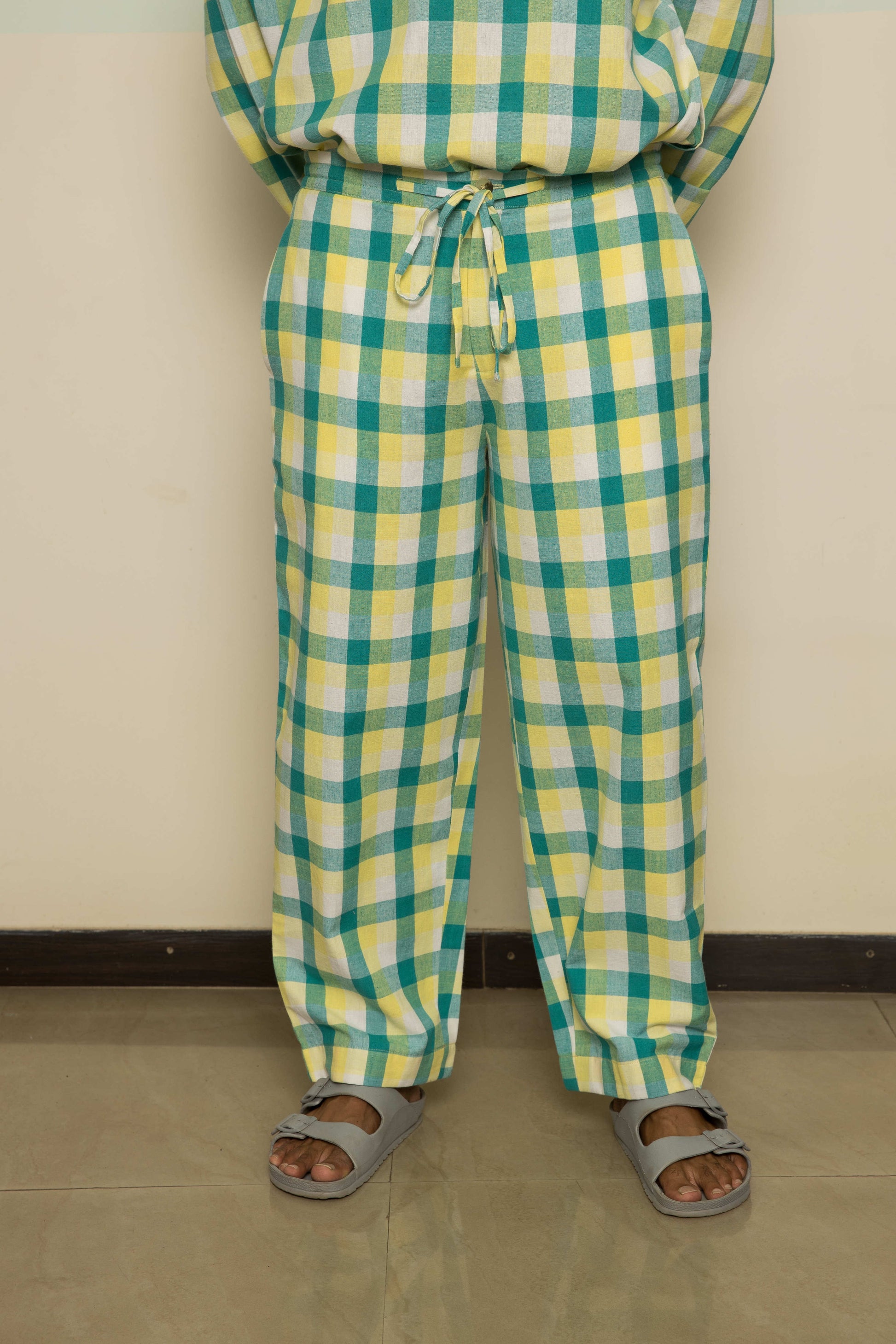 Green Casual Co-ord at Kamakhyaa by Anushé Pirani. This item is 100% Cotton, Casual Wear, Checks, Green, Handwoven, Handwoven Cotton, Lounge Wear Co-ords, Regular Fit, The Co-ord Edit, Womenswear