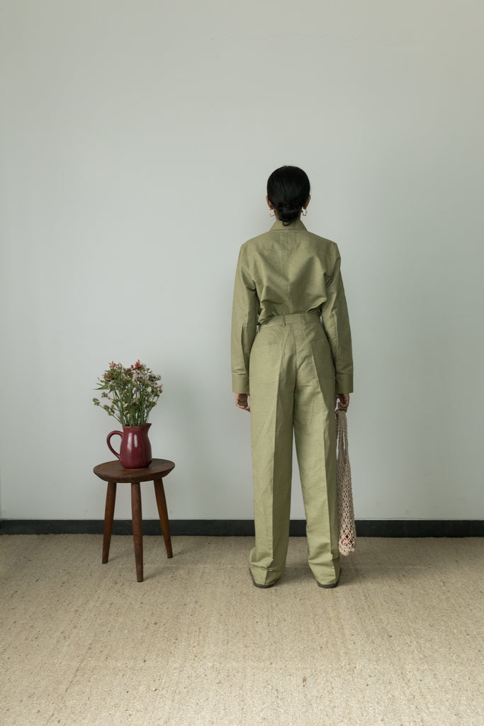 Green Casual Pants at Kamakhyaa by Anushé Pirani. This item is Birthday Collection, Casual Wear, Cotton, Cotton Hemp, For Him, Green, Handwoven, Hemp, Men Bottoms, Men Pants, Menswear, Relaxed Fit, Shibumi by Anushe Pirani, Solids
