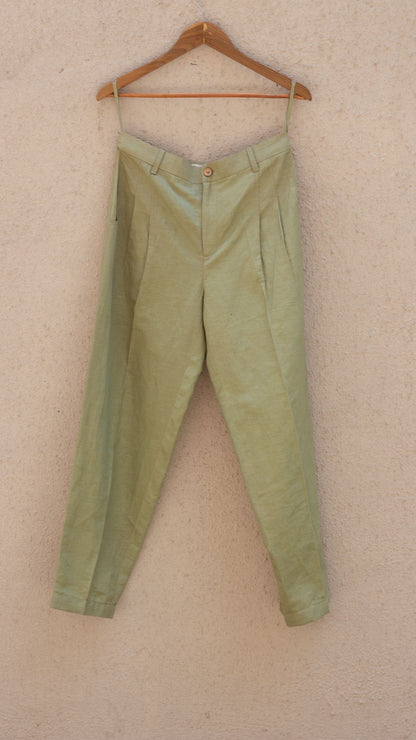 Green Casual Pants at Kamakhyaa by Anushé Pirani. This item is Casual Wear, Cotton, Cotton Hemp, For Him, Green, Handwoven, Hemp, Mens Bottom, Menswear, Pants, Relaxed Fit, Shibumi Collection, Solids