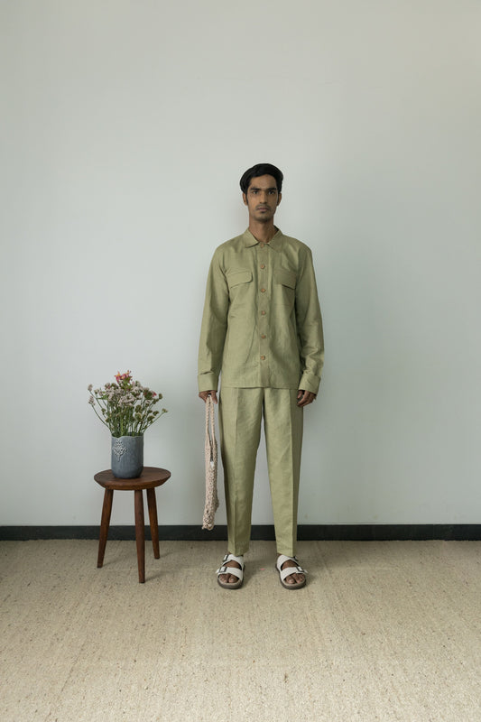 Green Casual Pants at Kamakhyaa by Anushé Pirani. This item is Casual Wear, Cotton, Cotton Hemp, For Him, Green, Handwoven, Hemp, Mens Bottom, Menswear, Pants, Relaxed Fit, Shibumi Collection, Solids