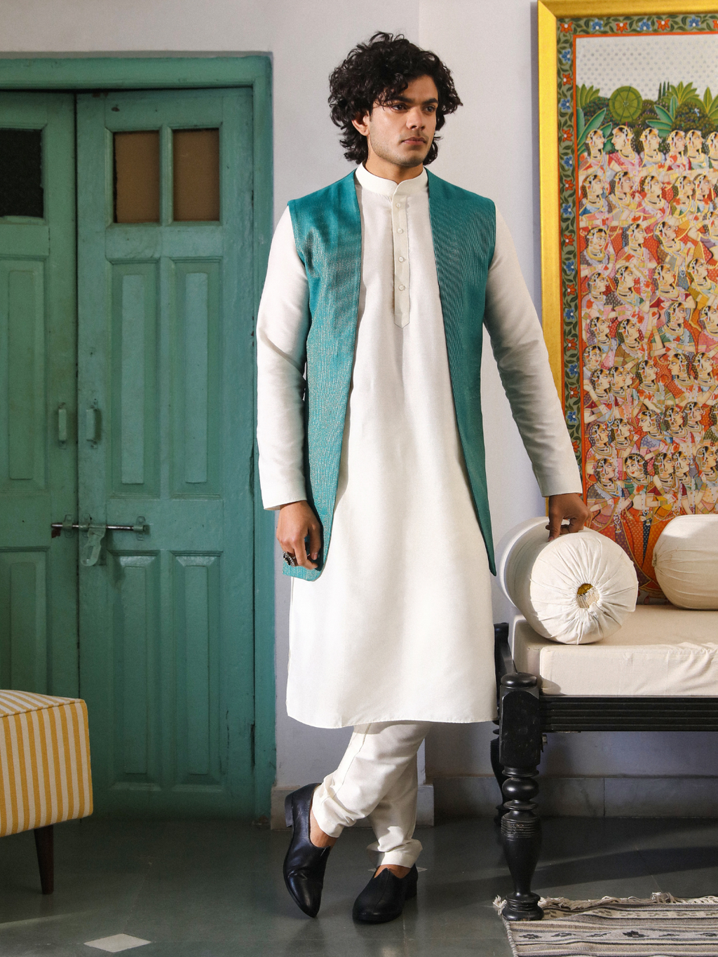 Green Chanderi Silk Jacket at Kamakhyaa by RoohbyRidhimaa. This item is Aangan By RoohbyRidhimaa, Chanderi Silk, Diwali Wear, Eid Special, Eid Wear, Festive Wear, Green, Indian Wear, Jackets, Men Jackets, Men Overlays, Menswear, Menswear By RoohbyRidhimaa, missing, Regular Fit, Sangeet Function, Silk Chanderi, Solids, Traditional Wear, Wedding Wear, Winter Products