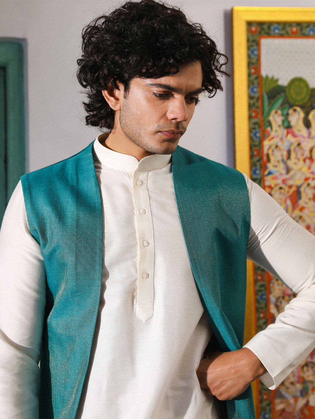 Green Chanderi Silk Jacket at Kamakhyaa by RoohbyRidhimaa. This item is Aangan By RoohbyRidhimaa, Chanderi Silk, Diwali Wear, Eid Special, Eid Wear, Festive Wear, Green, Indian Wear, Jackets, Men Jackets, Men Overlays, Menswear, Menswear By RoohbyRidhimaa, missing, Regular Fit, Sangeet Function, Silk Chanderi, Solids, Traditional Wear, Wedding Wear, Winter Products