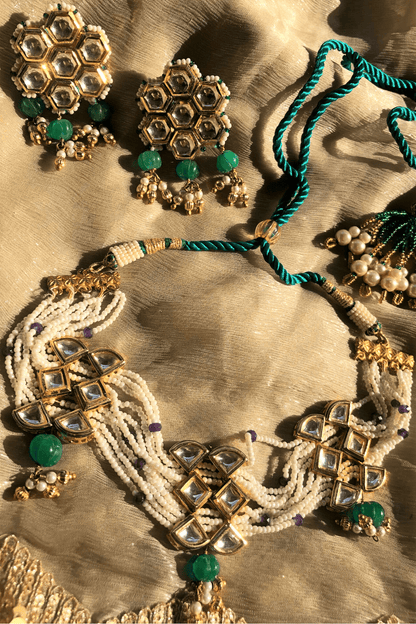Green Choker Himadri Hasli at Kamakhyaa by House Of Heer. This item is Add Ons, Alloy Metal, Festive Jewellery, Festive Wear, Free Size, Green, jewelry, Jewelry Sets, July Sale, July Sale 2023, Natural, Pearl, Polkis, Textured, Wedding Gifts