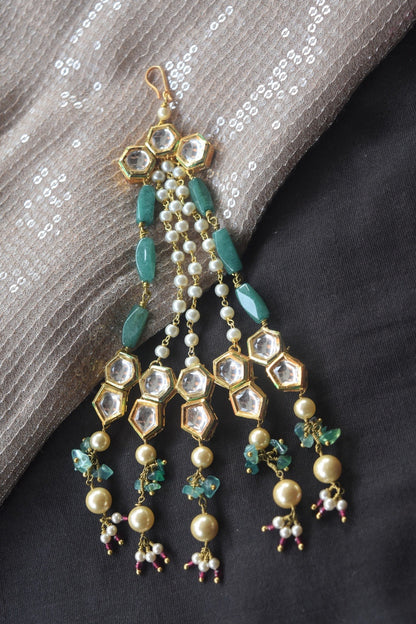 Green Choodamani passa at Kamakhyaa by House Of Heer. This item is Alloy Metal, Beaded Jewellery, Festive Jewellery, Festive Wear, Free Size, Gemstone, Green, jewelry, July Sale, July Sale 2023, Natural, Passas, Pearl, Polkis, Solids, Wedding Gifts
