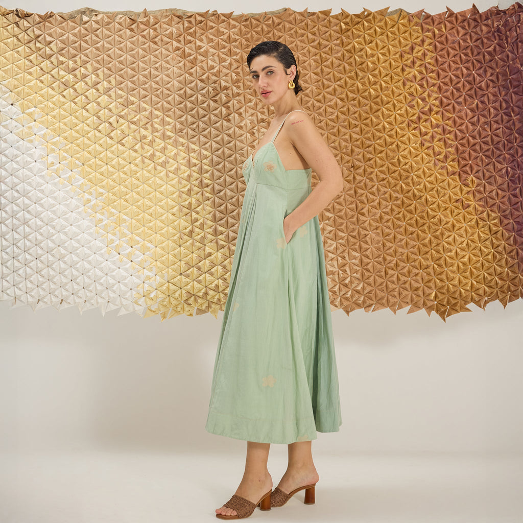 Green Clover at Kamakhyaa by The Loom Art. This item is Fluer De Code by The Loom Art, French Knots, Green, Handwoven Cotton Silk