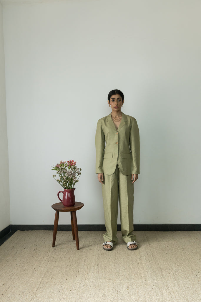 Green Cotton Blazer at kamakhyaa.com by Anushé Pirani. This item is Birthday Collection, Blazers, Casual Wear, Console Collection List, Cotton, Cotton Hemp, Green, Handwoven, Hemp, Shibumi by Anushe Pirani, Slim Fit, Solids, Winter Products, Womenswear
