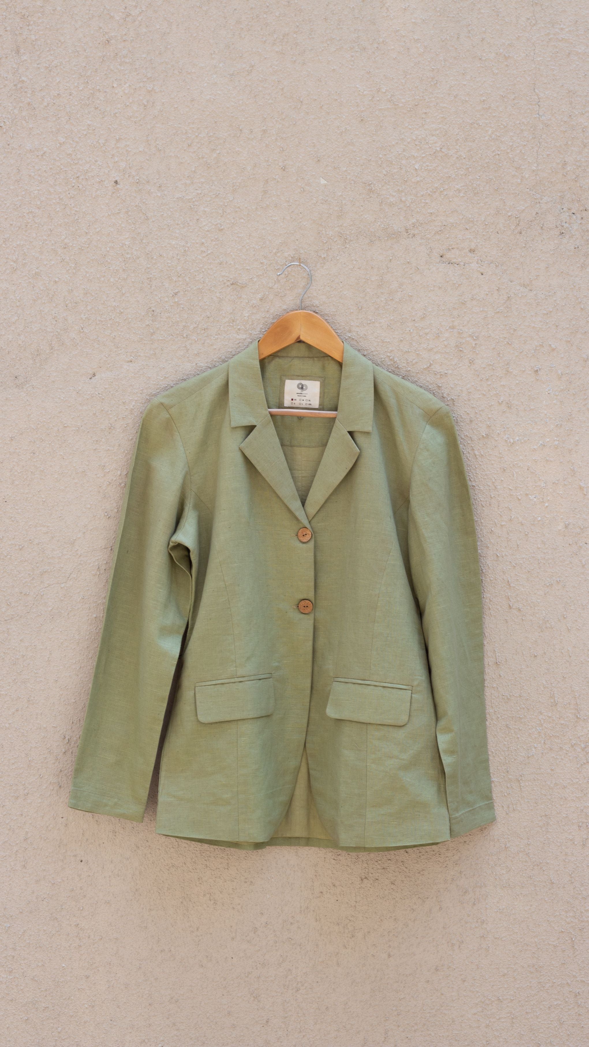 Green Cotton Blazer at kamakhyaa.com by Anushé Pirani. This item is Birthday Collection, Blazers, Casual Wear, Console Collection List, Cotton, Cotton Hemp, Green, Handwoven, Hemp, Shibumi by Anushe Pirani, Slim Fit, Solids, Winter Products, Womenswear