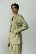 Green Cotton Blazer at kamakhyaa.com by Anushé Pirani. This item is Birthday Collection, Blazers, Casual Wear, Console Collection List, Cotton, Cotton Hemp, Green, Handwoven, Hemp, Shibumi by Anushe Pirani, Slim Fit, Solids, Winter Products, Womenswear