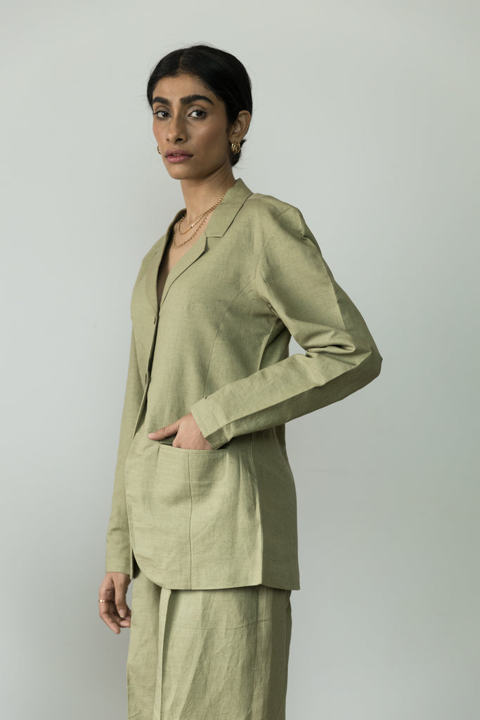 Green Cotton Blazer at kamakhyaa.com by Anushé Pirani. This item is Birthday Collection, Blazers, Casual Wear, Console Collection List, Cotton, Cotton Hemp, Green, Handwoven, Hemp, Shibumi by Anushe Pirani, Slim Fit, Solids, Winter Products, Womenswear