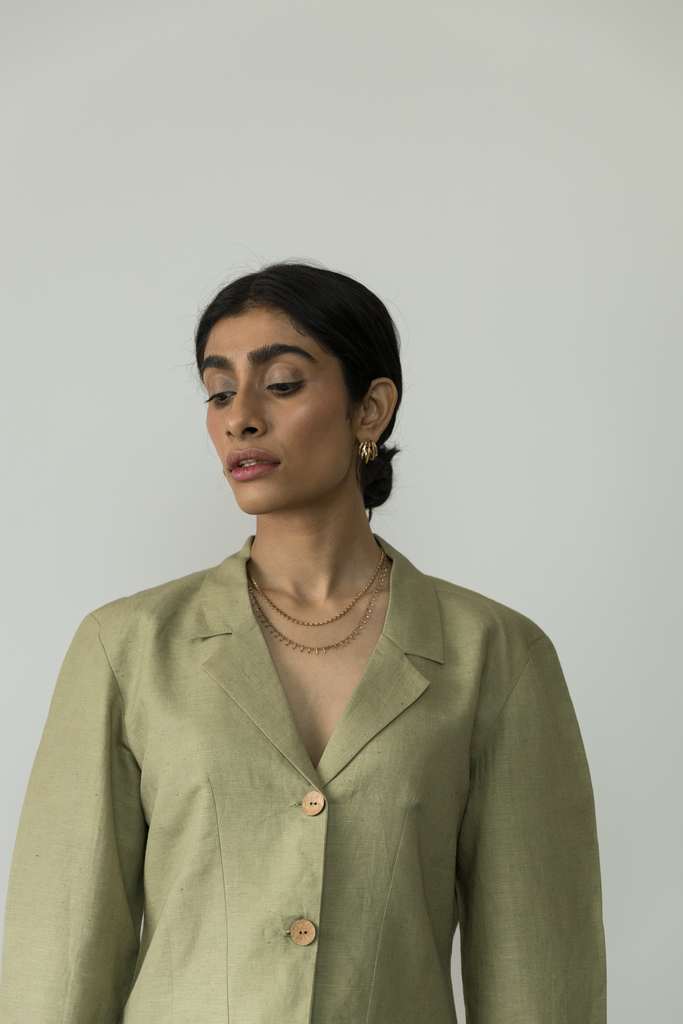 Green Cotton Blazer at kamakhyaa.com by Anushé Pirani. This item is Birthday Collection, Blazers, Casual Wear, Console Collection List, Cotton, Cotton Hemp, Green, Handwoven, Hemp, Shibumi by Anushe Pirani, Slim Fit, Solids, Winter Products, Womenswear