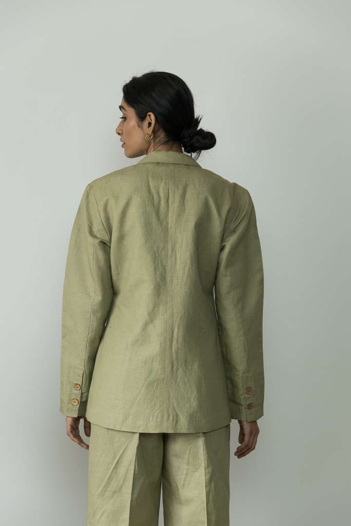 Green Cotton Blazer at kamakhyaa.com by Anushé Pirani. This item is Birthday Collection, Blazers, Casual Wear, Console Collection List, Cotton, Cotton Hemp, Green, Handwoven, Hemp, Shibumi by Anushe Pirani, Slim Fit, Solids, Winter Products, Womenswear