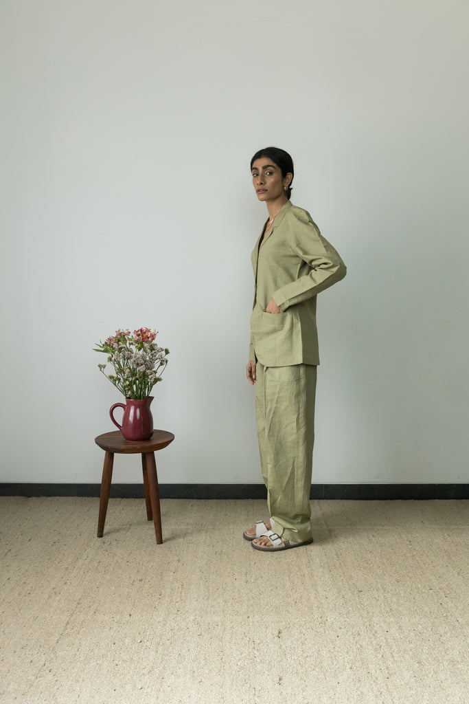 Green Cotton Blazer at kamakhyaa.com by Anushé Pirani. This item is Birthday Collection, Blazers, Casual Wear, Console Collection List, Cotton, Cotton Hemp, Green, Handwoven, Hemp, Shibumi by Anushe Pirani, Slim Fit, Solids, Winter Products, Womenswear