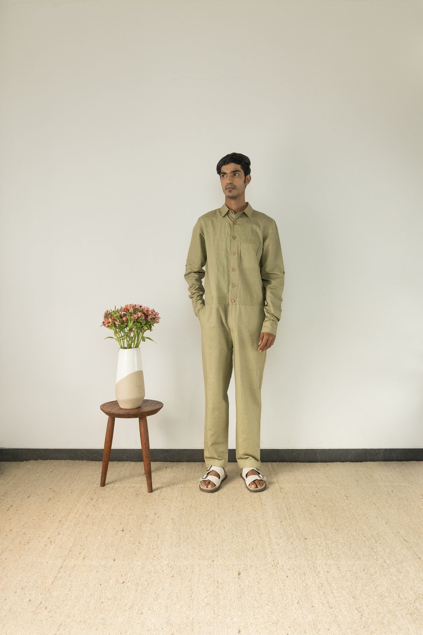 Green Cotton Jumpsuit at Kamakhyaa by Anushé Pirani. This item is Casual Wear, Cotton, Cotton Hemp, For Him, Green, Handwoven, Hemp, Jumpsuits, Menswear, Relaxed Fit, Shibumi Collection, Solids, Unisex