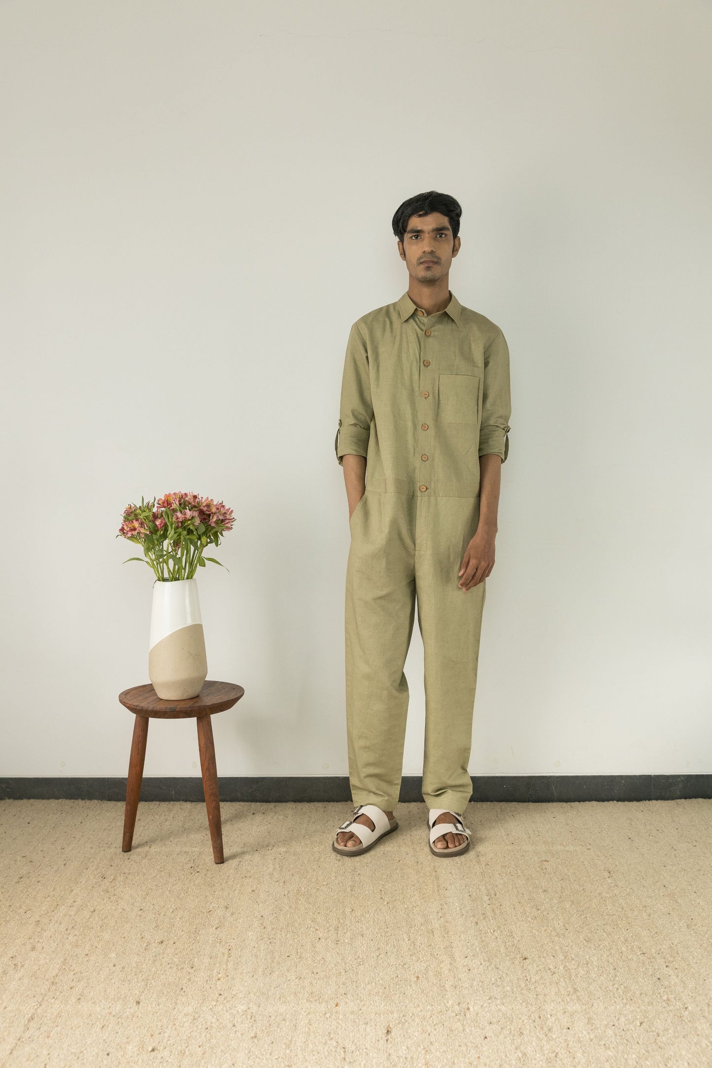 Green Cotton Jumpsuit at Kamakhyaa by Anushé Pirani. This item is Casual Wear, Cotton, Cotton Hemp, For Him, Green, Handwoven, Hemp, Jumpsuits, Menswear, Relaxed Fit, Shibumi Collection, Solids, Unisex