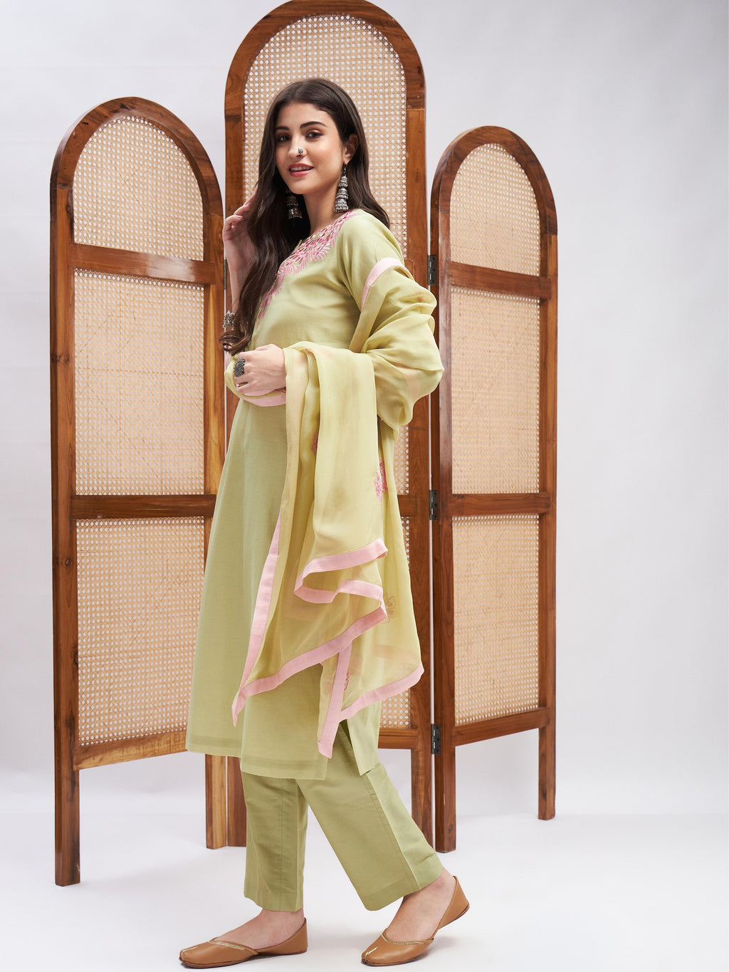 Green Cotton Mulmul Kurta Set with Dupatta at Kamakhyaa by RoohbyRidhimaa. This item is Chanderi Silk, Cotton Mulmul, Dupattas, Festive Wear, Green, Kurta Set with Dupattas, Kurta Sets, Organza, Regular Fit, Resham Embroidered, Silk Chanderi, Toxin free