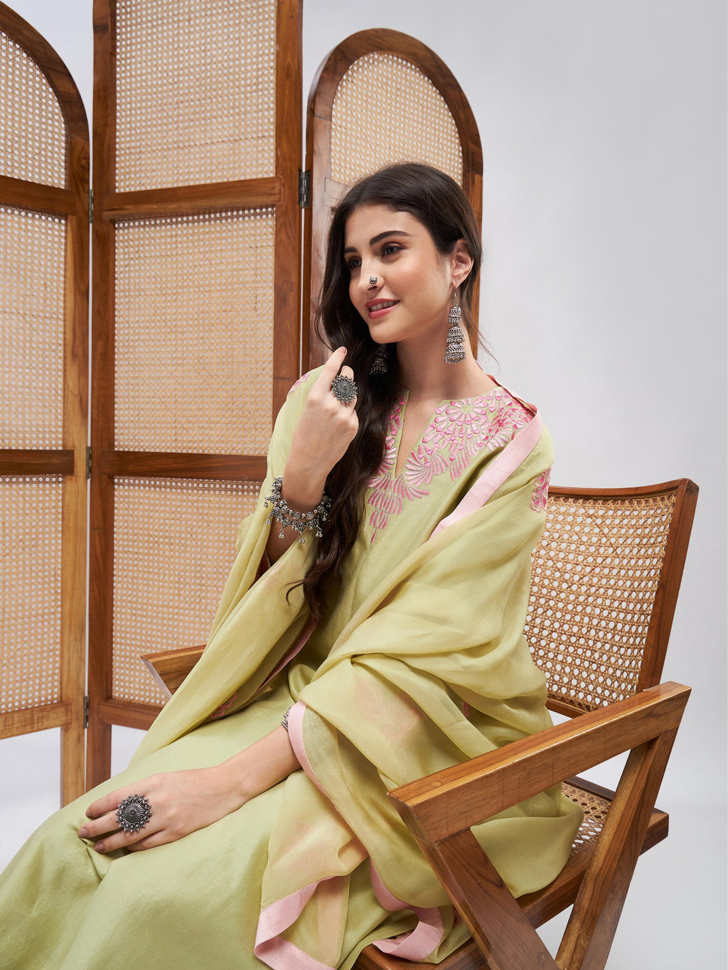 Green Cotton Mulmul Kurta Set with Dupatta at Kamakhyaa by RoohbyRidhimaa. This item is Chanderi Silk, Cotton Mulmul, Dupattas, Festive Wear, Green, Kurta Set with Dupattas, Kurta Sets, Organza, Regular Fit, Resham Embroidered, Silk Chanderi, Toxin free