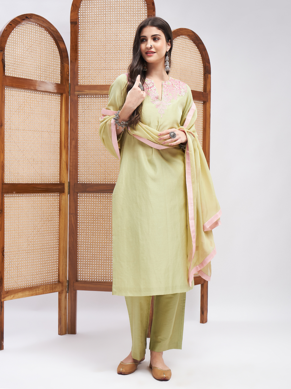 Green Cotton Mulmul Kurta Set with Dupatta at Kamakhyaa by RoohbyRidhimaa. This item is Chanderi Silk, Cotton Mulmul, Dupattas, Festive Wear, Green, Kurta Set with Dupattas, Kurta Sets, Organza, Regular Fit, Resham Embroidered, Silk Chanderi, Toxin free
